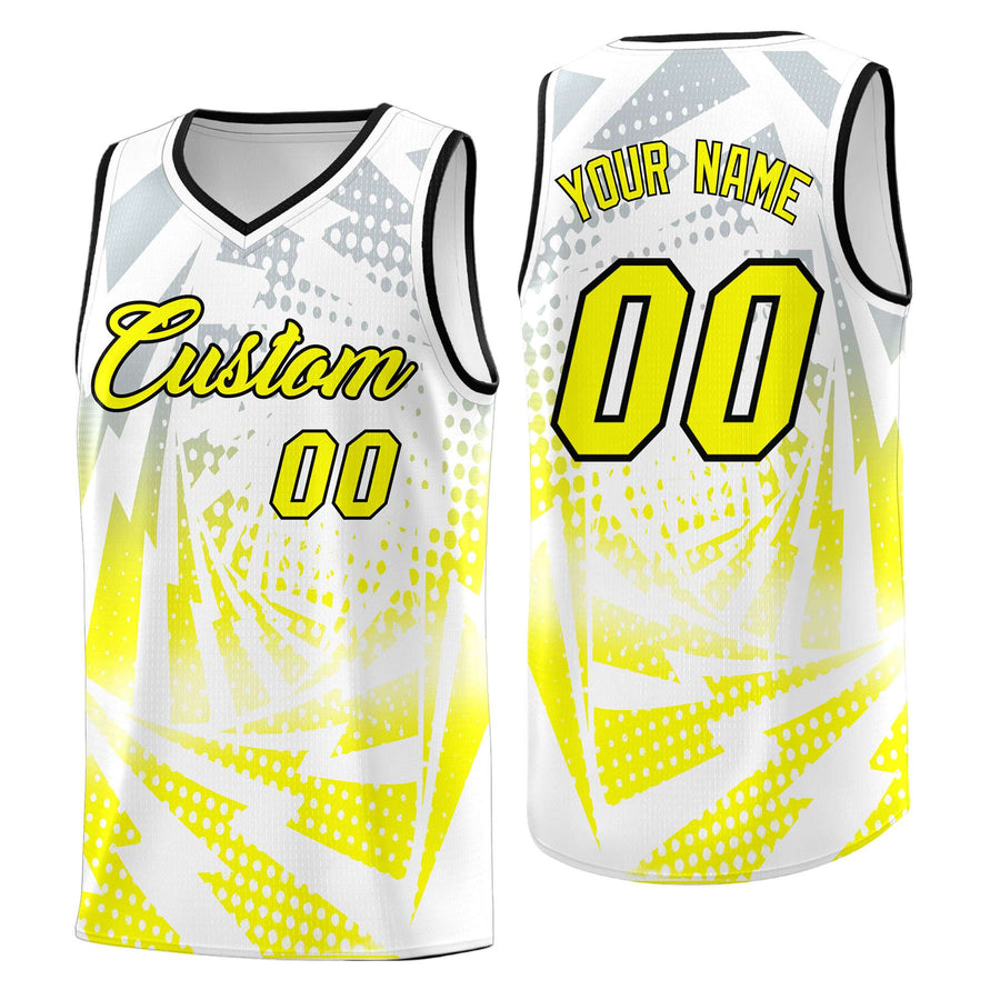 Custom White Fluorescent Yellow Lightning Halftone Dot Design Quick-Drying Uniform Basketball Jersey | BuyFootballJersey