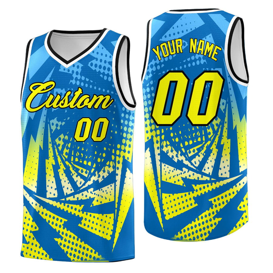 Custom Light Blue Fluorescent Yellow Lightning Halftone Dot Design Lightweight Uniform Basketball Jersey | BuyFootballJersey