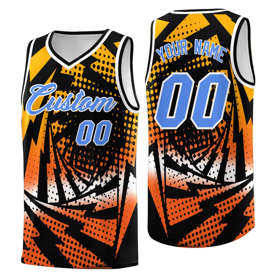 Custom Black Orange Lightning Halftone Dot Design Drapable Uniform Basketball Jersey | BuyFootballJersey
