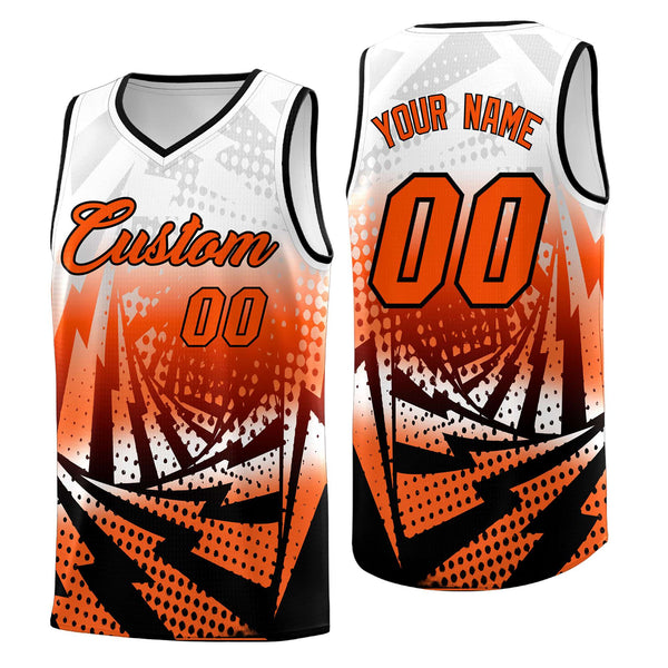 Custom White Orange Lightning Halftone Dot Design Breathable Uniform Basketball Jersey | BuyFootballJersey