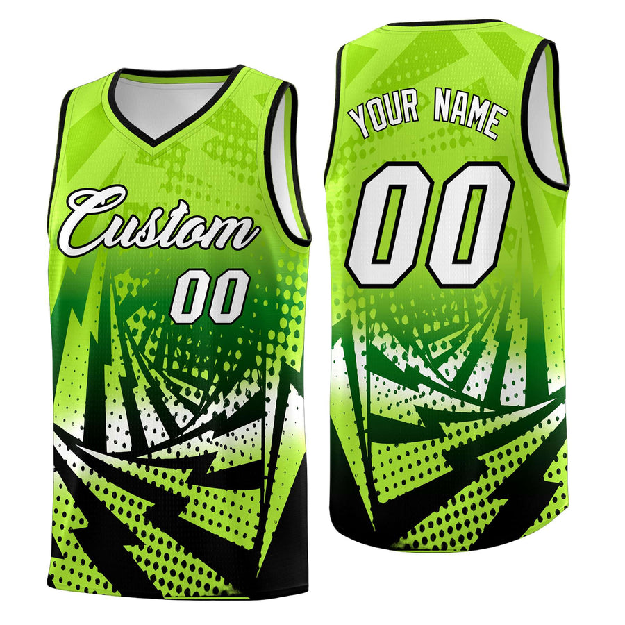 Custom Neon Green Black Lightning Halftone Dot Design Lightweight Uniform Basketball Jersey | BuyFootballJersey