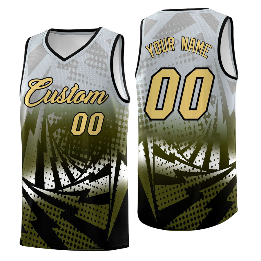 Custom Silver Gray Olive Lightning Halftone Dot Design Wrinkle-Resistant Uniform Basketball Jersey | BuyFootballJersey