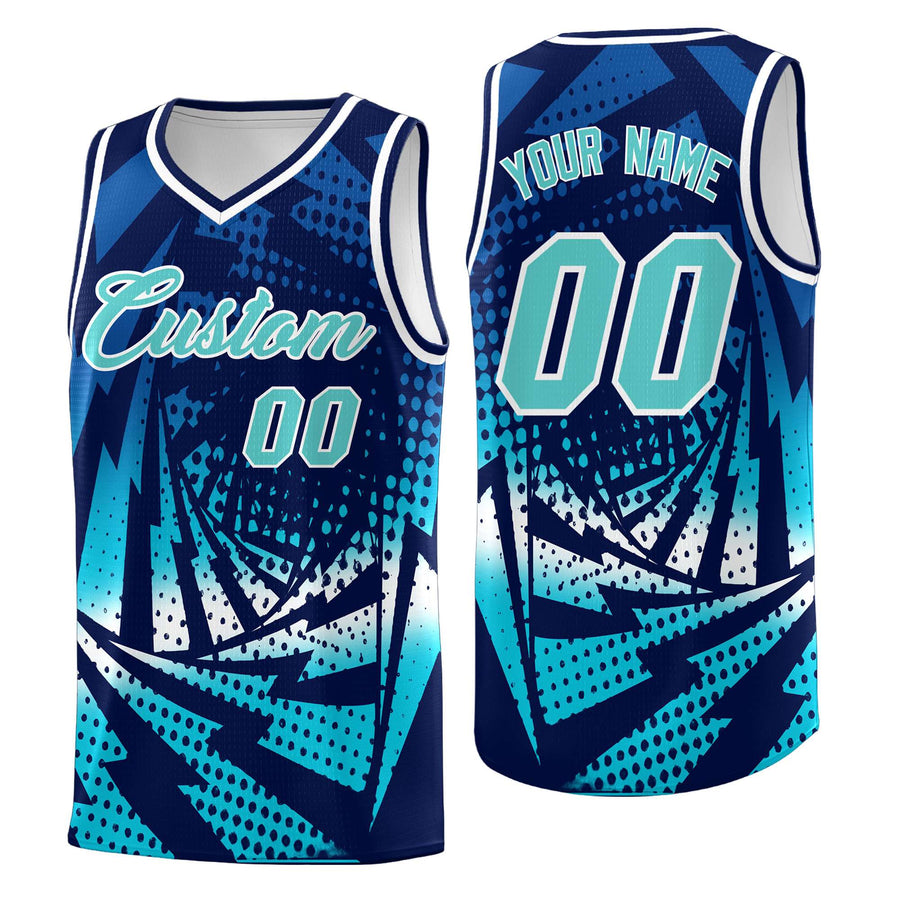 Custom Navy Sky Blue Lightning Halftone Dot Design Wrinkle-Resistant Uniform Basketball Jersey | BuyFootballJersey