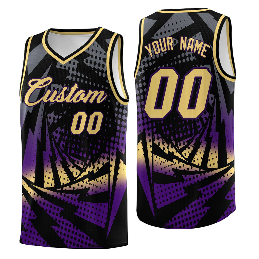 Custom Black Purple Lightning Halftone Dot Design Wrinkle-Resistant Uniform Basketball Jersey | BuyFootballJersey