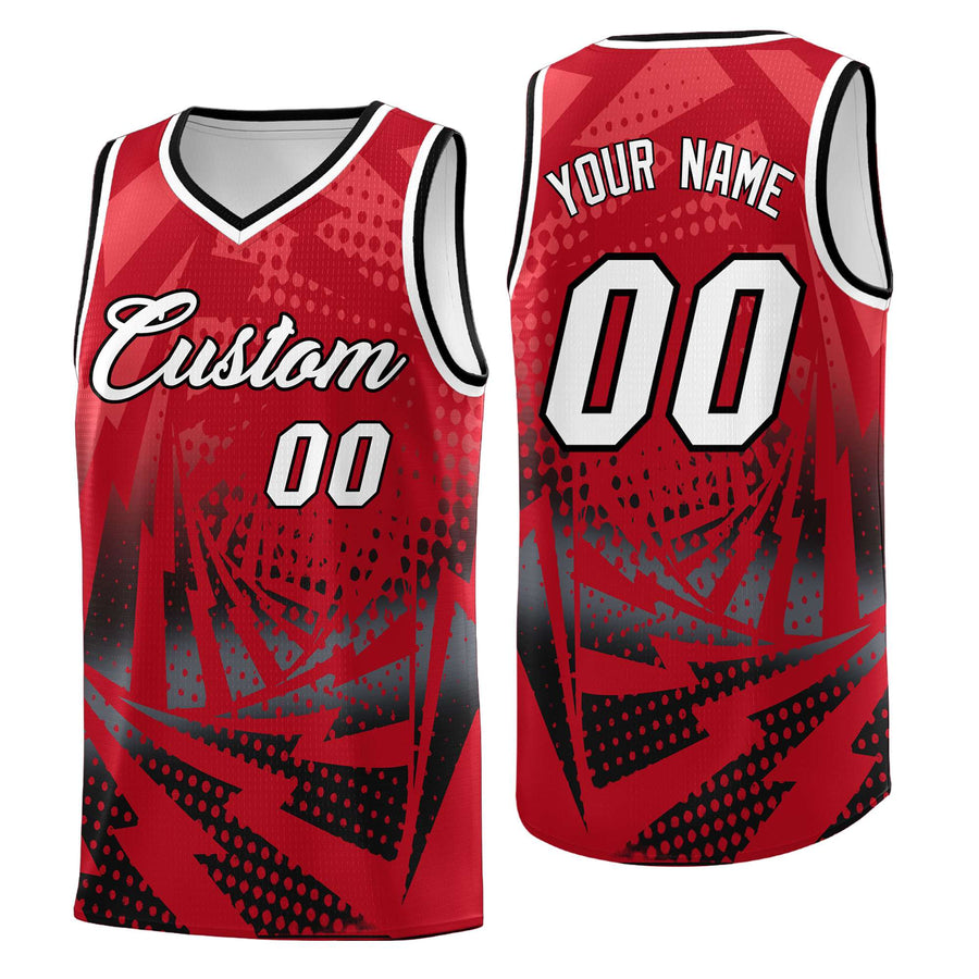 Custom Red Black Lightning Halftone Dot Design Drapable Uniform Basketball Jersey | BuyFootballJersey