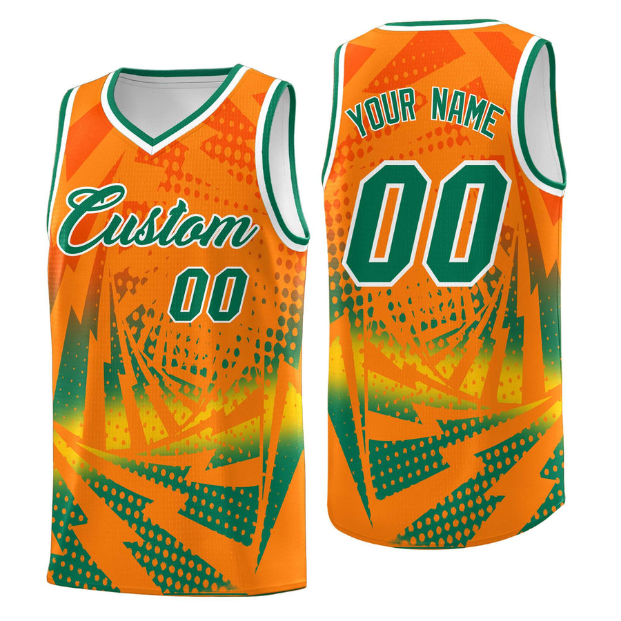 Custom Orange Kelly Green Lightning Halftone Dot Design Breathable Uniform Basketball Jersey | BuyFootballJersey