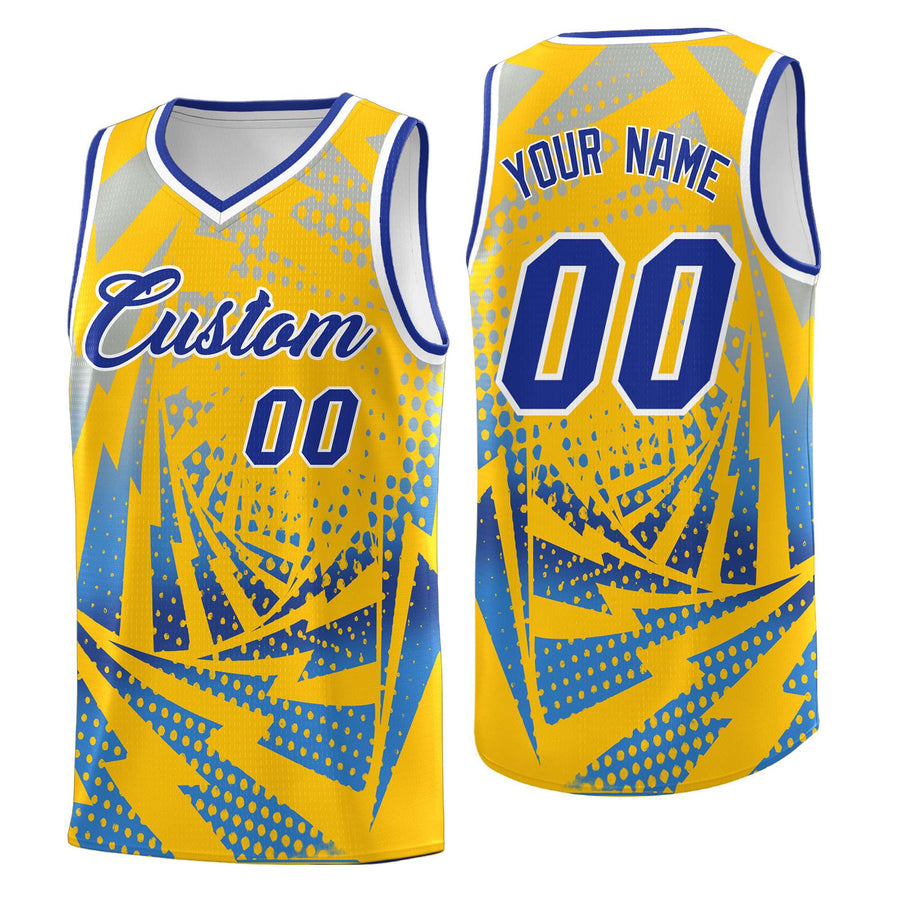 Custom Gold Powder Blue Lightning Halftone Dot Design Quick-Drying Uniform Basketball Jersey | BuyFootballJersey