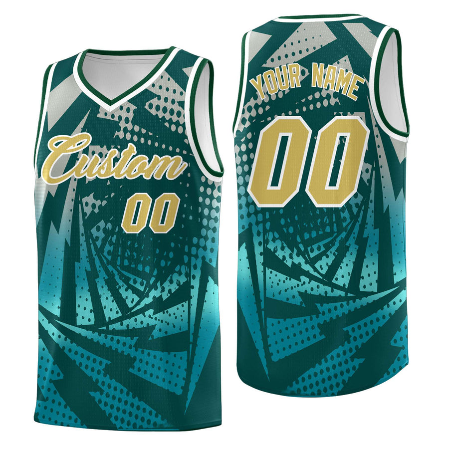 Custom Midnight Green Teal Lightning Halftone Dot Design Wrinkle-Resistant Uniform Basketball Jersey | BuyFootballJersey