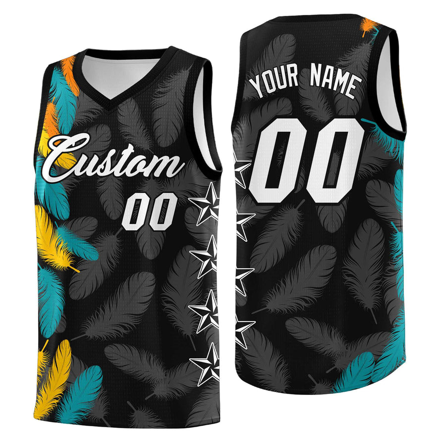 Custom Black White Feather Series Breathable Graffiti Pattern Basketball Suit Jersey | BuyFootballJersey