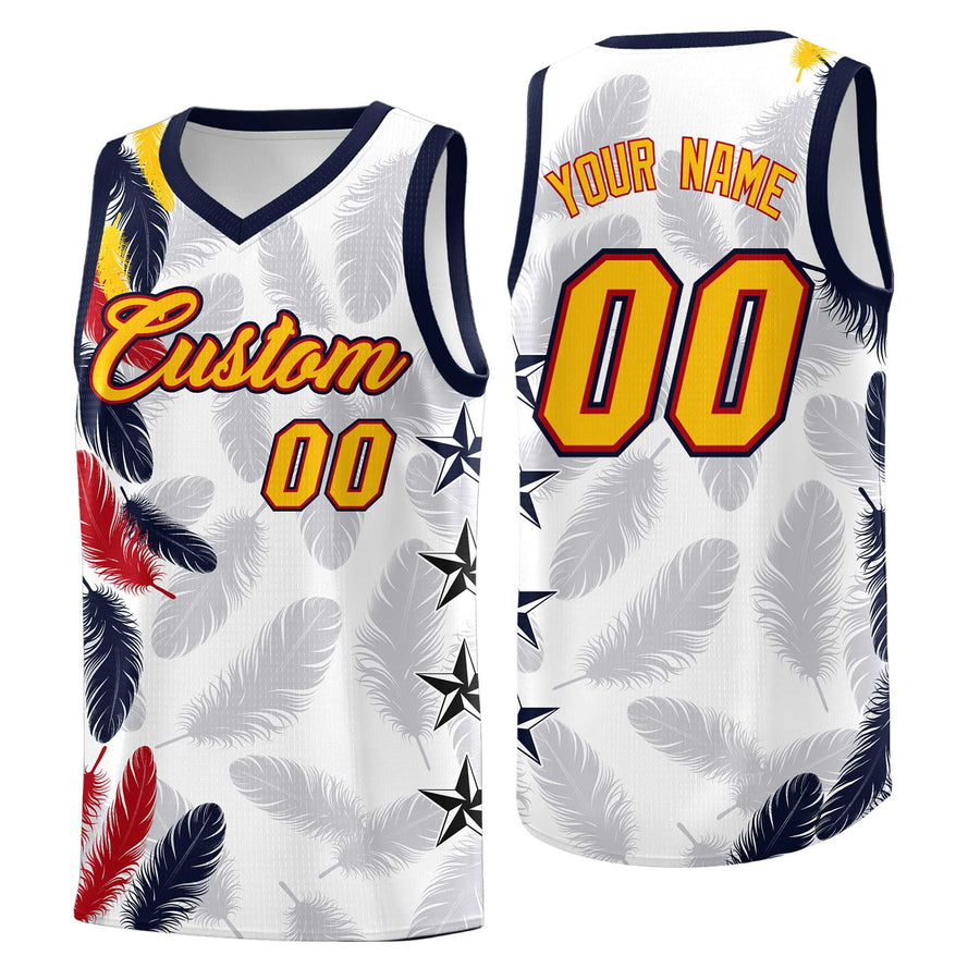Custom White Gold Feather Series Lightweight Graffiti Pattern Basketball Suit Jersey | BuyFootballJersey
