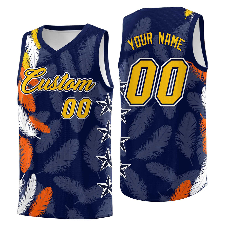 Custom Navy Gold Feather Series Wrinkle-Resistant Graffiti Pattern Basketball Suit Jersey | BuyFootballJersey