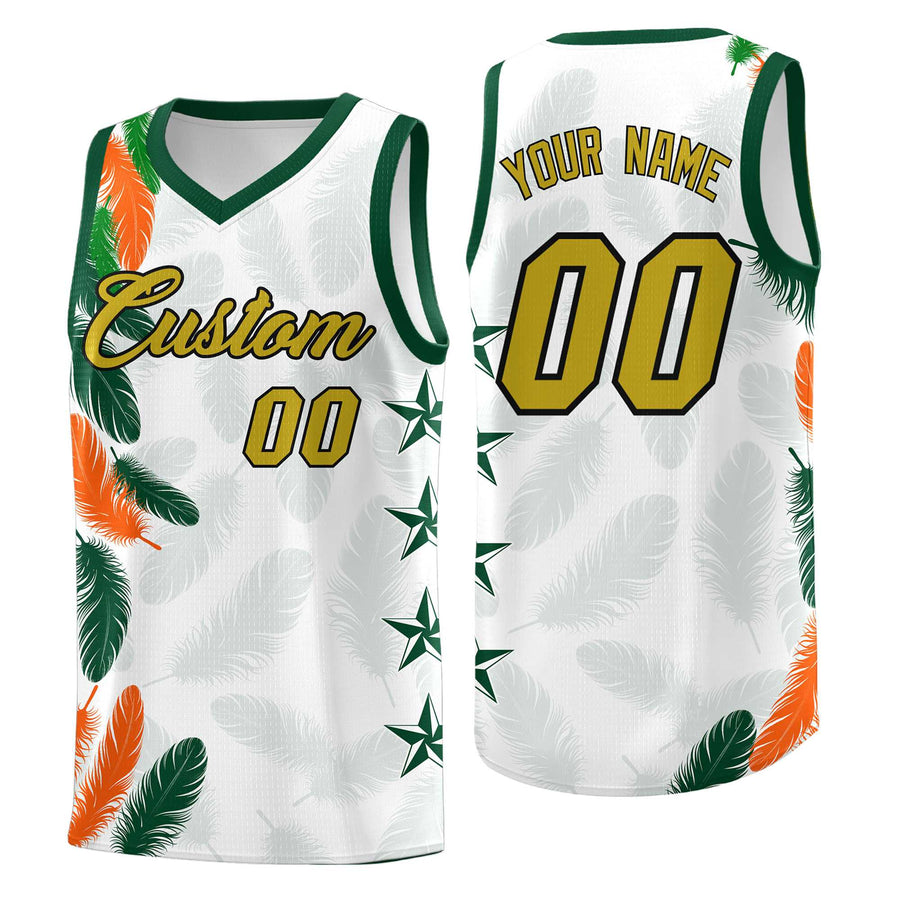 Custom White Old Gold Feather Series Breathable Graffiti Pattern Basketball Suit Jersey | BuyFootballJersey