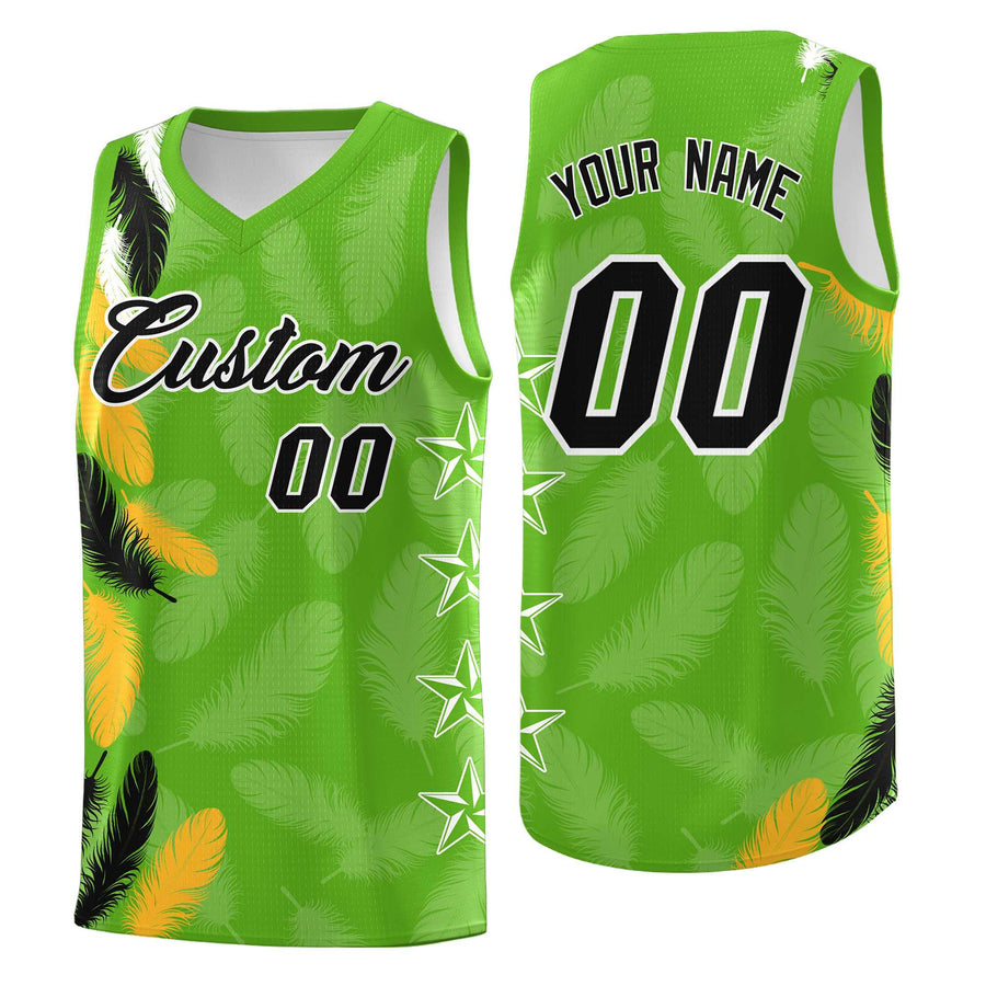 Custom Neon Green Black Feather Series Sublimation Printing Graffiti Pattern Basketball Suit Jersey | BuyFootballJersey