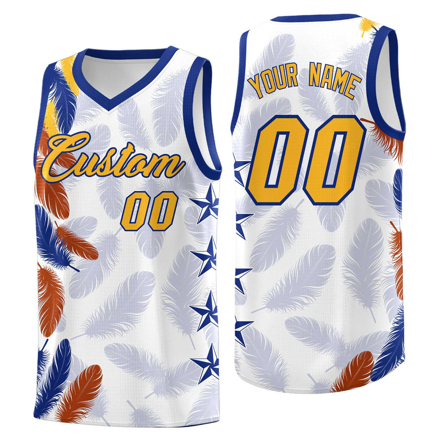 Custom White Gold Feather Series Quick-Drying Graffiti Pattern Basketball Suit Jersey | BuyFootballJersey