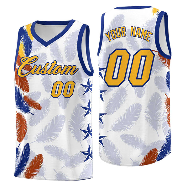 Custom White Gold Feather Series Quick-Drying Graffiti Pattern Basketball Suit Jersey | BuyFootballJersey