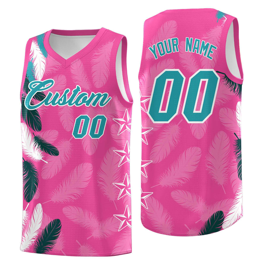 Custom Pink Aqua Feather Series Sublimation Printing Graffiti Pattern Basketball Suit Jersey | BuyFootballJersey