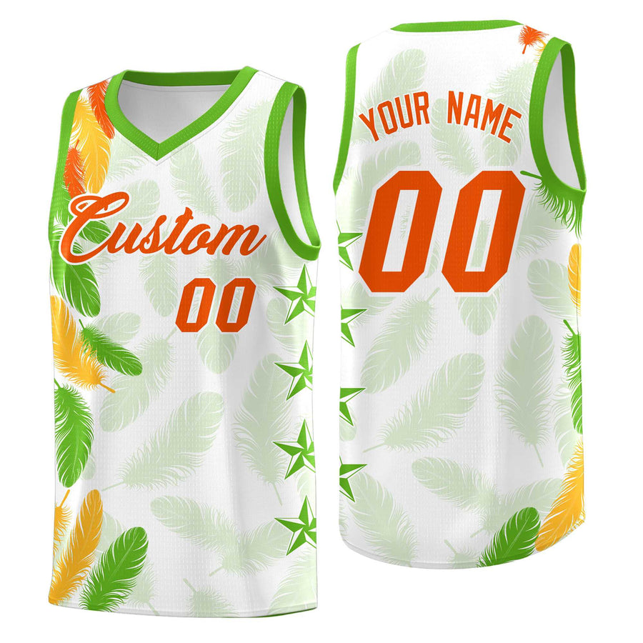 Custom White Orange Feather Series Drapable Graffiti Pattern Basketball Suit Jersey | BuyFootballJersey