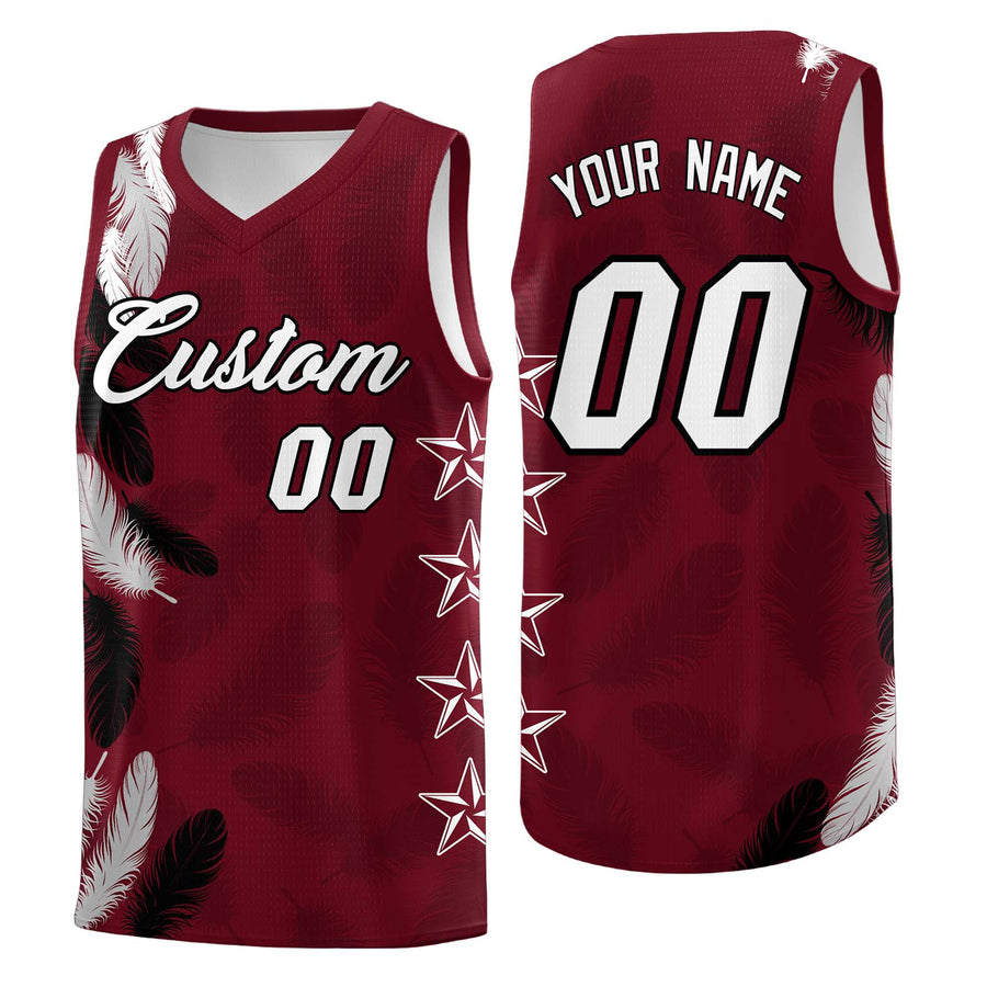 Custom Maroon White Feather Series Sublimation Printing Graffiti Pattern Basketball Suit Jersey | BuyFootballJersey