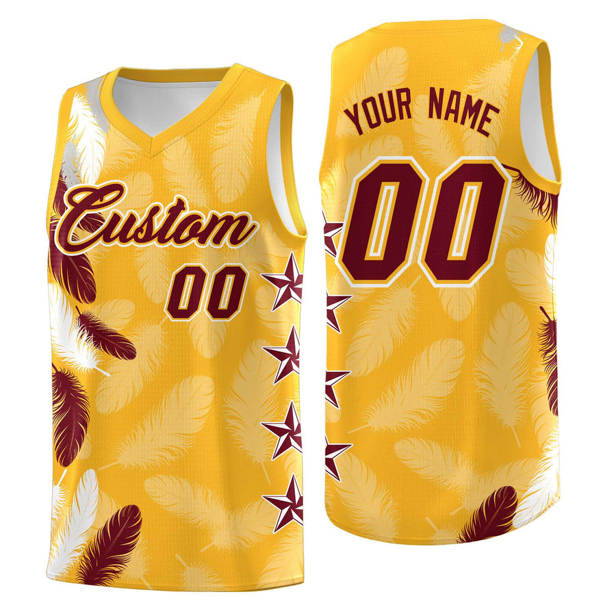 Custom Gold Crimson Feather Series Breathable Graffiti Pattern Basketball Suit Jersey | BuyFootballJersey