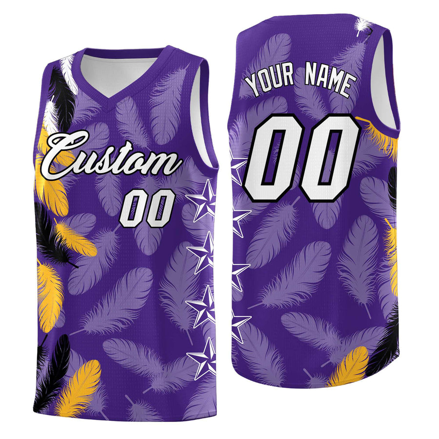Custom Purple White Feather Series Wrinkle-Resistant Graffiti Pattern Basketball Suit Jersey | BuyFootballJersey
