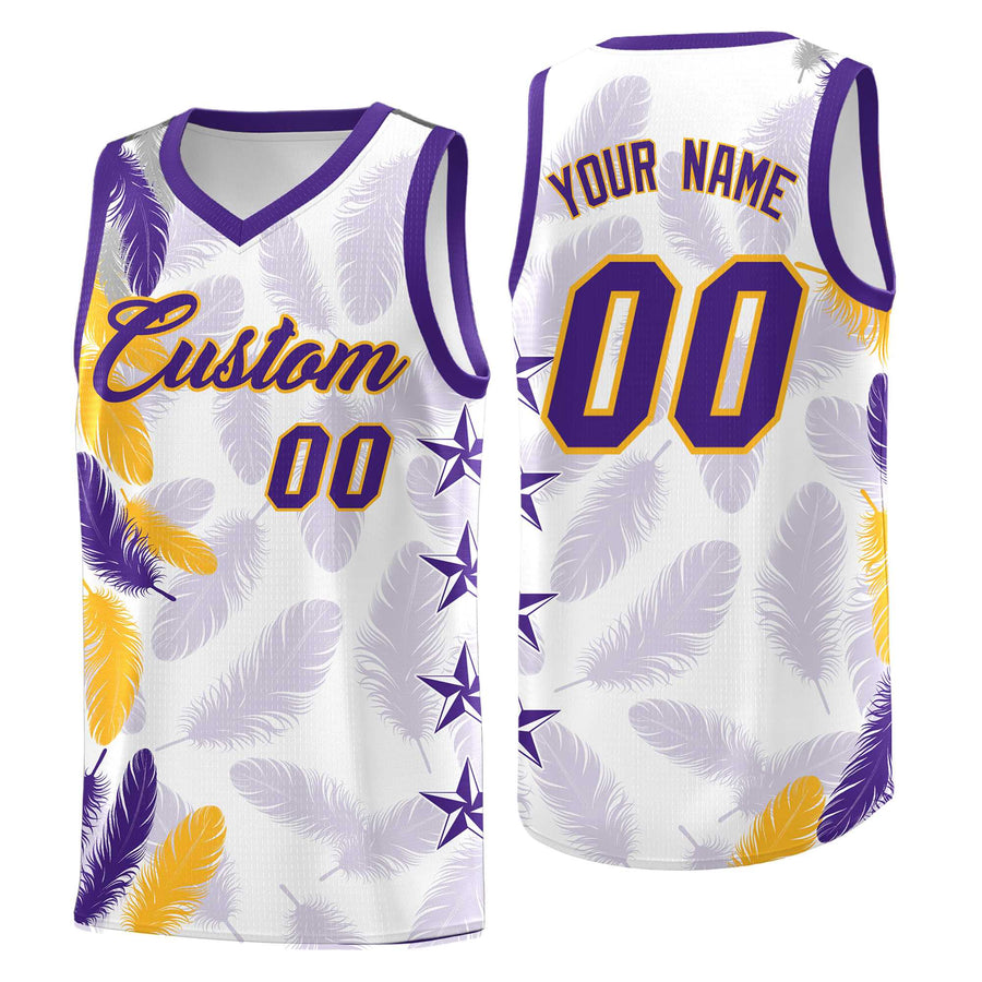 Custom White Purple Feather Series Drapable Graffiti Pattern Basketball Suit Jersey | BuyFootballJersey