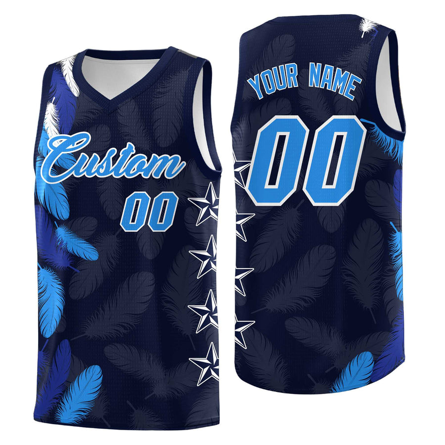 Custom Navy Powder Blue Feather Series Breathable Graffiti Pattern Basketball Suit Jersey | BuyFootballJersey