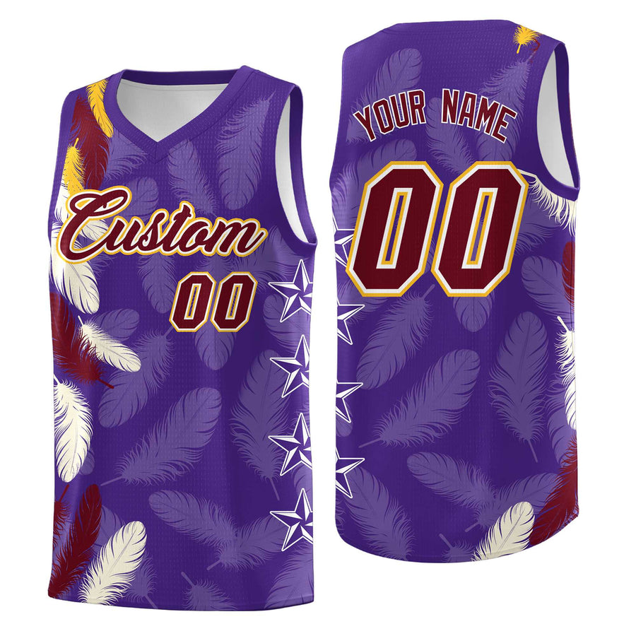 Custom Purple Crimson Feather Series Drapable Graffiti Pattern Basketball Suit Jersey | BuyFootballJersey
