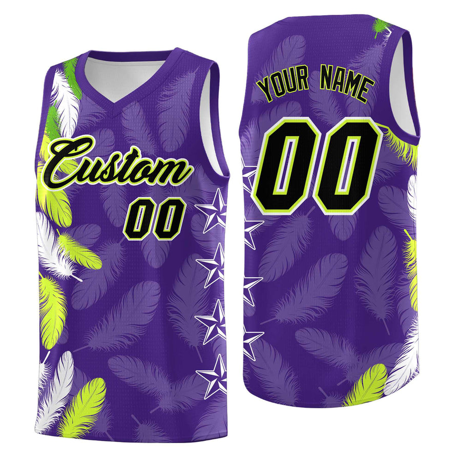 Custom Purple Black Feather Series Sublimation Printing Graffiti Pattern Basketball Suit Jersey | BuyFootballJersey