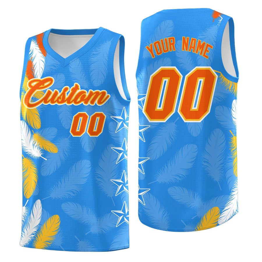 Custom Powder Blue Orange Feather Series Breathable Graffiti Pattern Basketball Suit Jersey | BuyFootballJersey