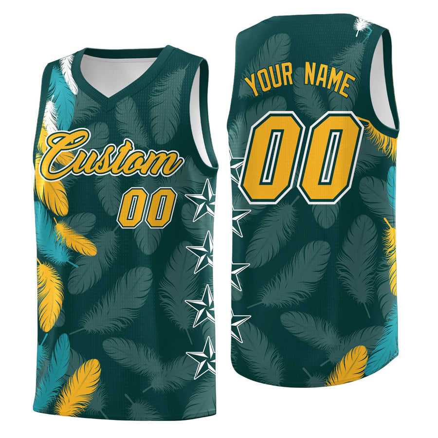 Custom Midnight Green Gold Feather Series Drapable Graffiti Pattern Basketball Suit Jersey | BuyFootballJersey