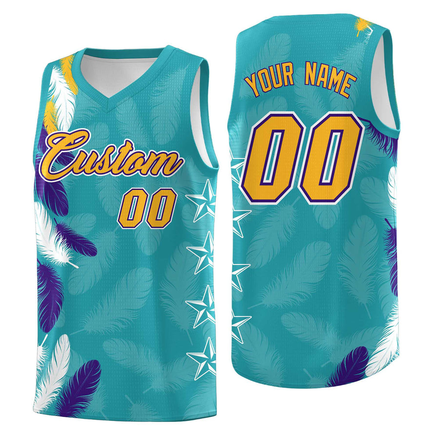Custom Aqua Gold Feather Series Sublimation Printing Graffiti Pattern Basketball Suit Jersey | BuyFootballJersey