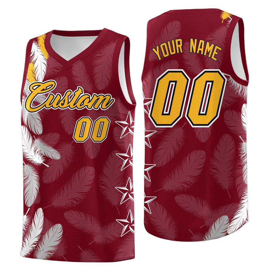 Custom Crimson Gold Feather Series Breathable Graffiti Pattern Basketball Suit Jersey | BuyFootballJersey