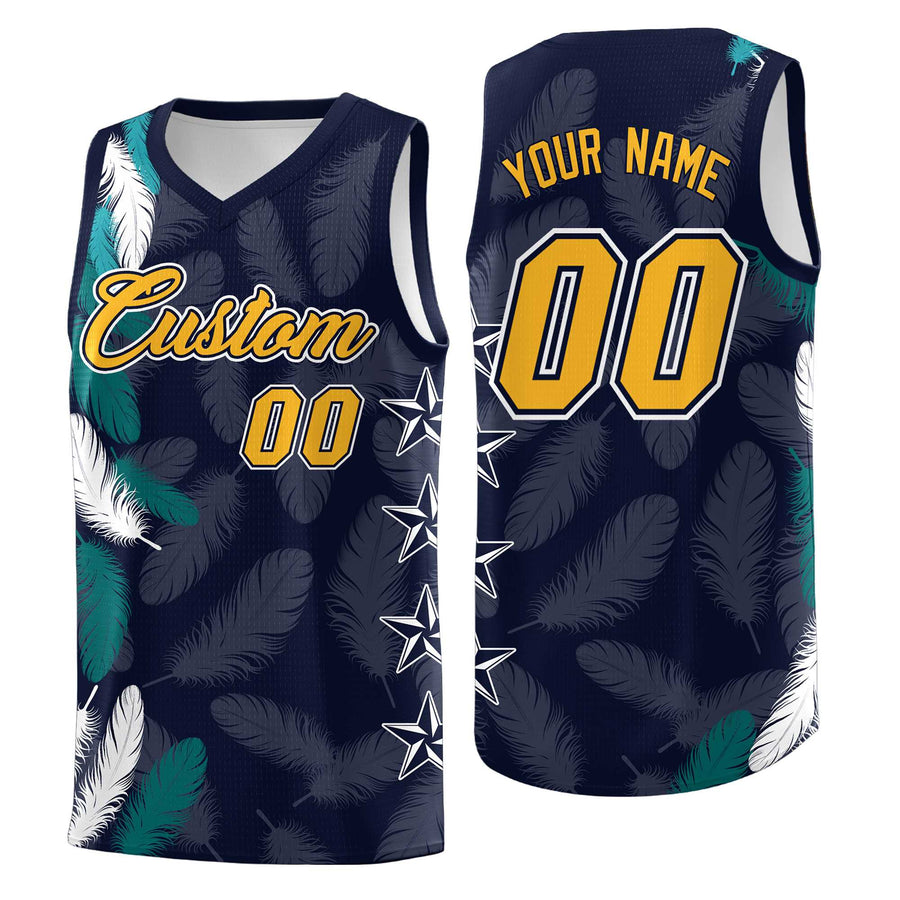 Custom Navy Gold Feather Series Quick-Drying Graffiti Pattern Basketball Suit Jersey | BuyFootballJersey