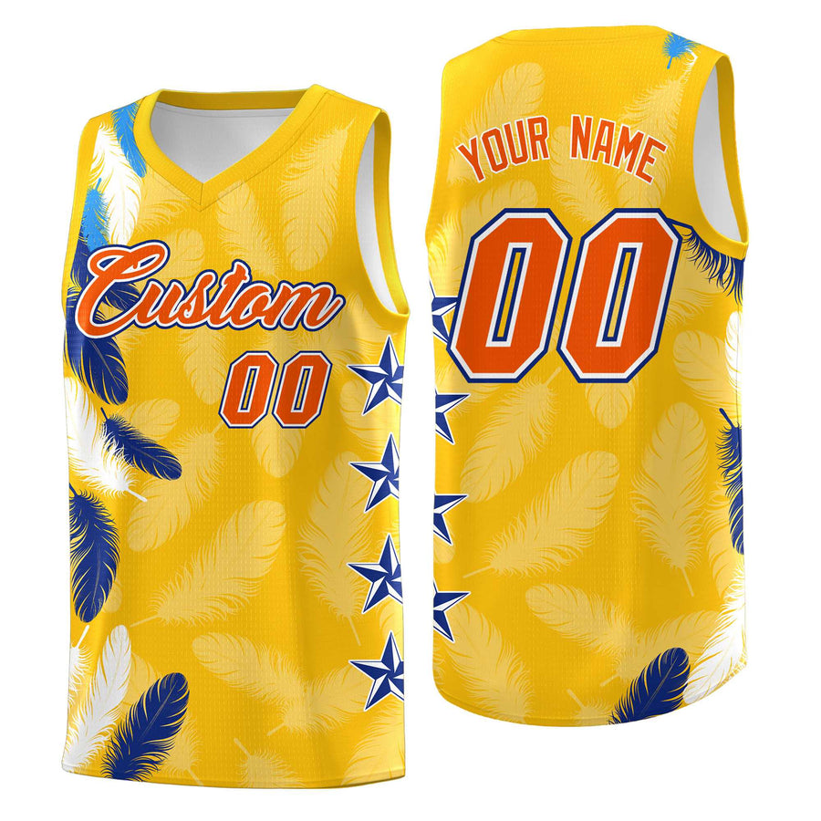 Custom Gold Orange Feather Series Wrinkle-Resistant Graffiti Pattern Basketball Suit Jersey | BuyFootballJersey