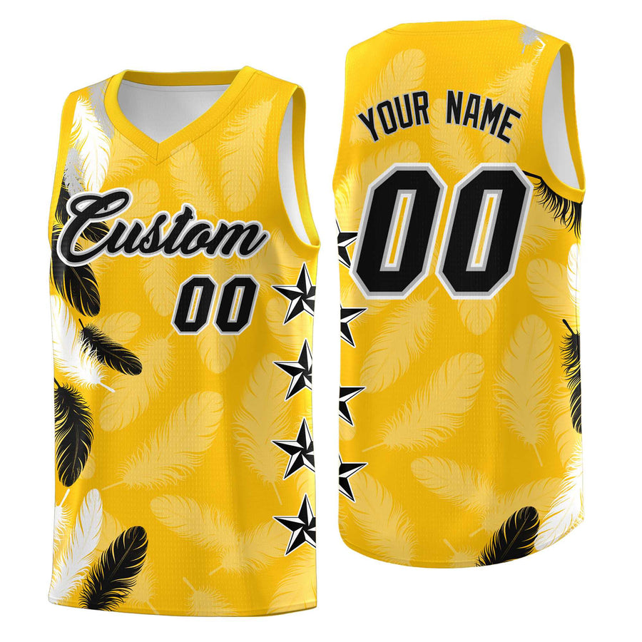 Custom Gold Black Feather Series Drapable Graffiti Pattern Basketball Suit Jersey | BuyFootballJersey