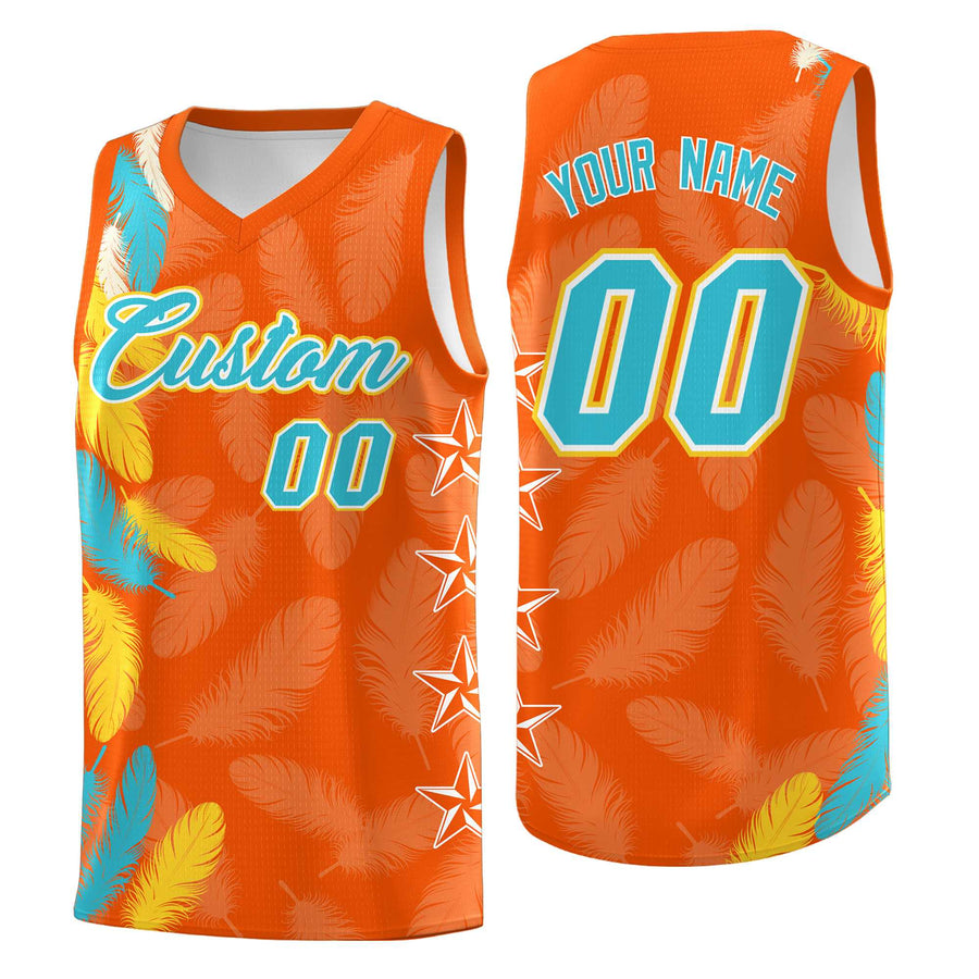 Custom Orange Sky Blue Feather Series Lightweight Graffiti Pattern Basketball Suit Jersey | BuyFootballJersey