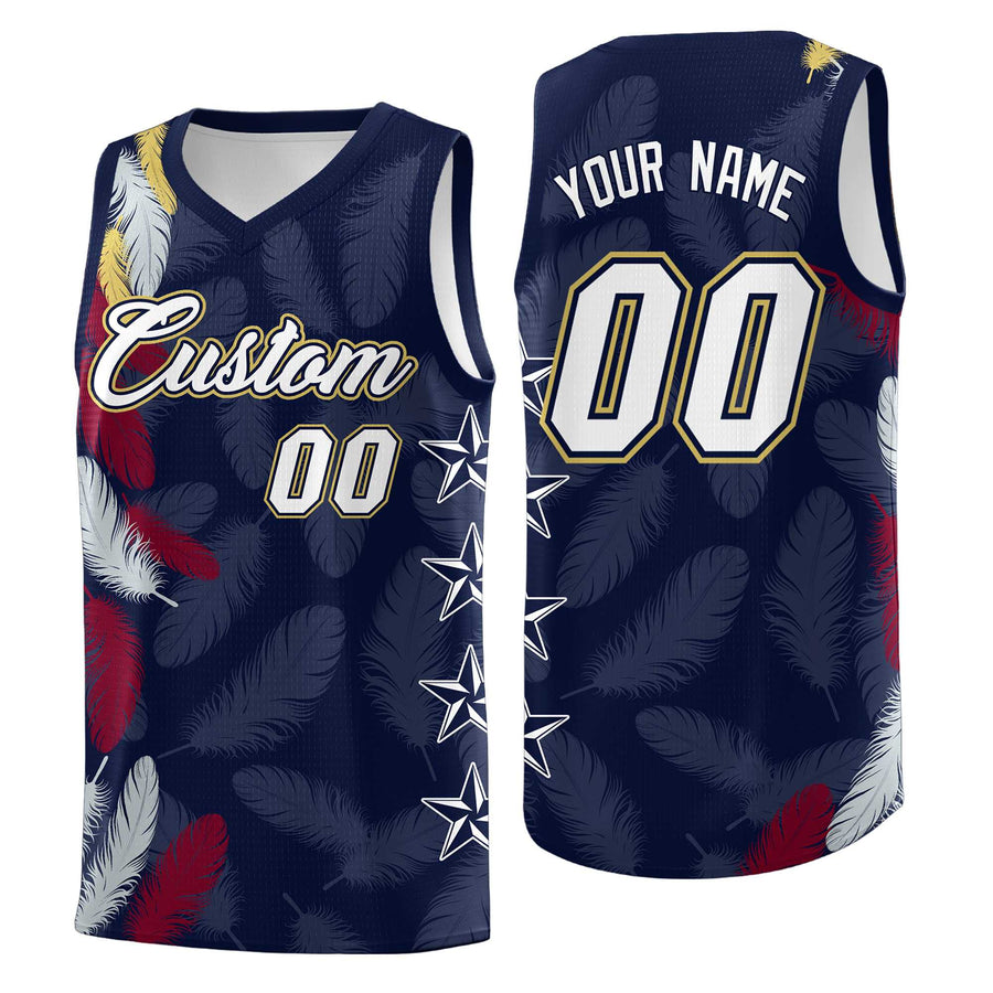 Custom Navy White Feather Series Wrinkle-Resistant Graffiti Pattern Basketball Suit Jersey | BuyFootballJersey