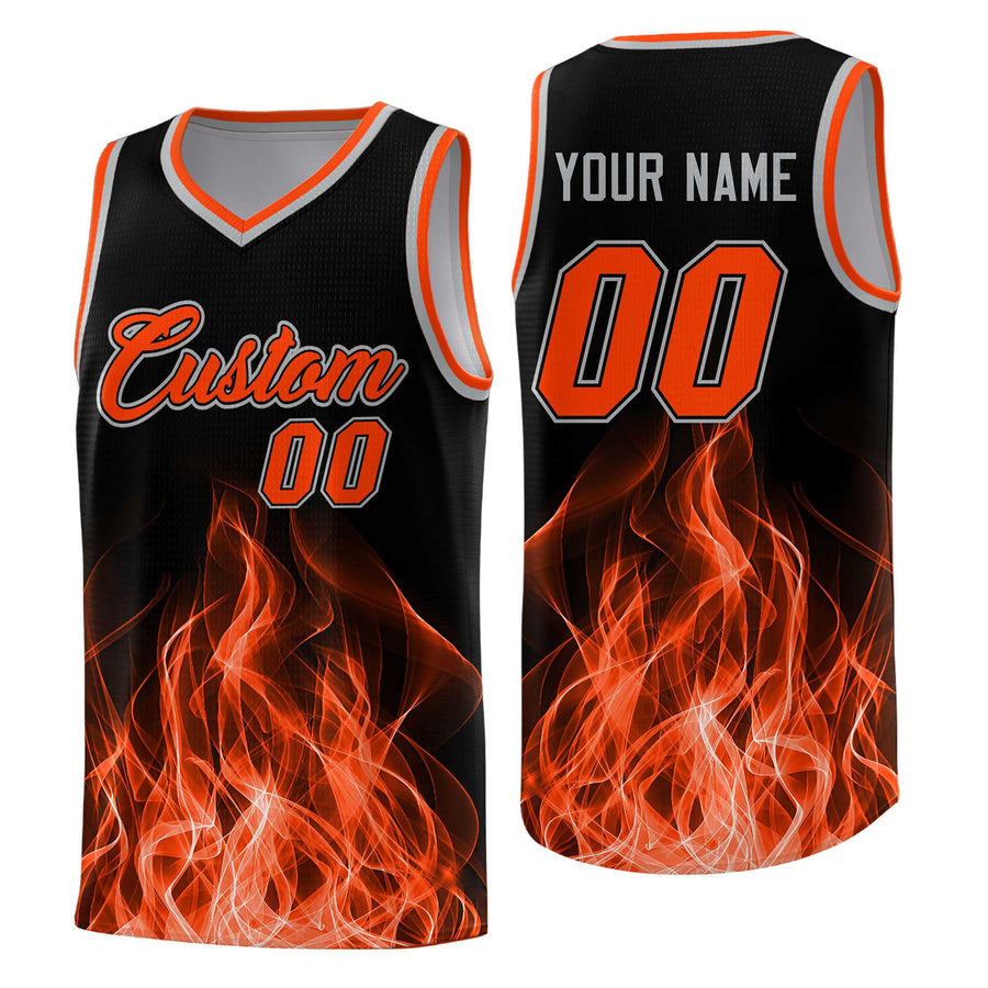 Custom Black Orange Flame Graffiti Pattern Drapable Personalized Uniform Basketball Jersey | BuyFootballJersey