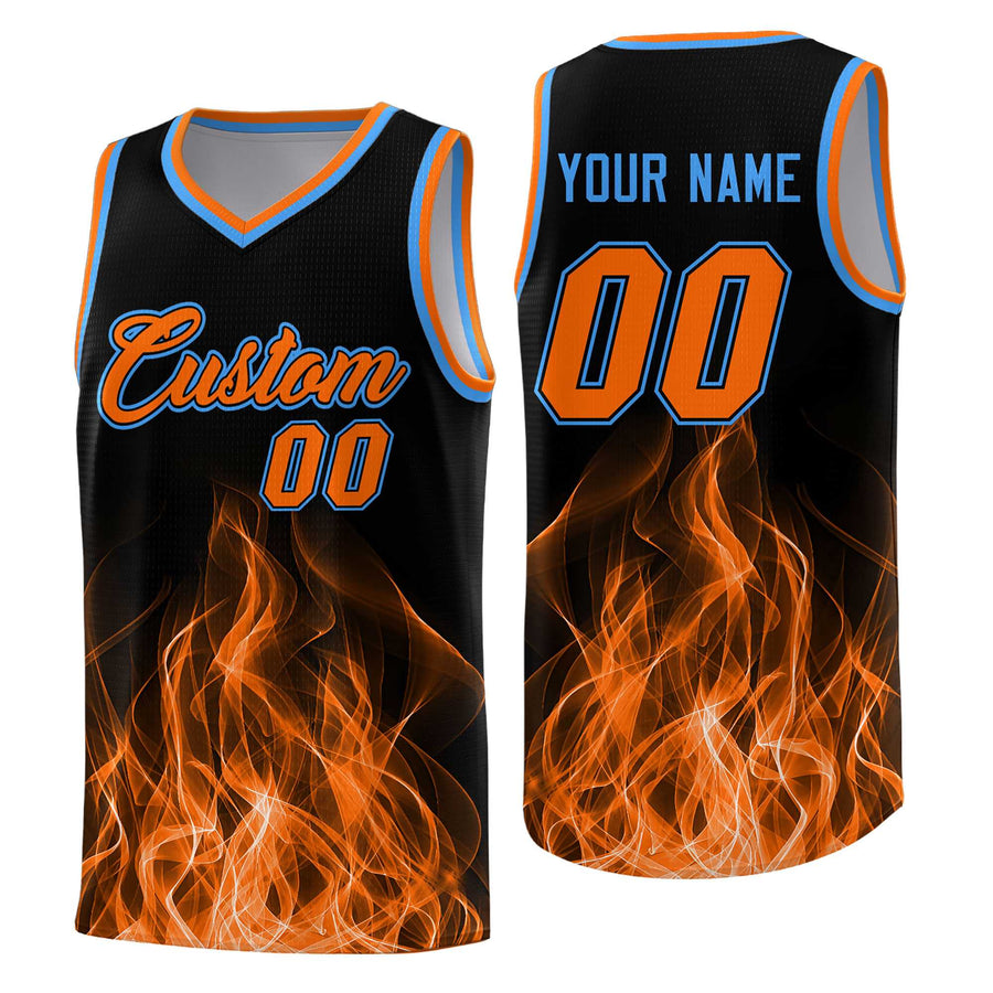 Custom Black Orange Flame Graffiti Pattern Sublimation Printing Personalized Uniform Basketball Jersey | BuyFootballJersey