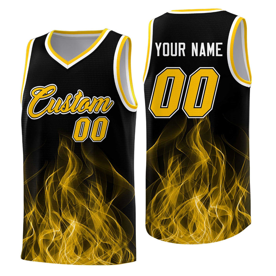 Custom Black Yellow Flame Graffiti Pattern Breathable Personalized Uniform Basketball Jersey | BuyFootballJersey