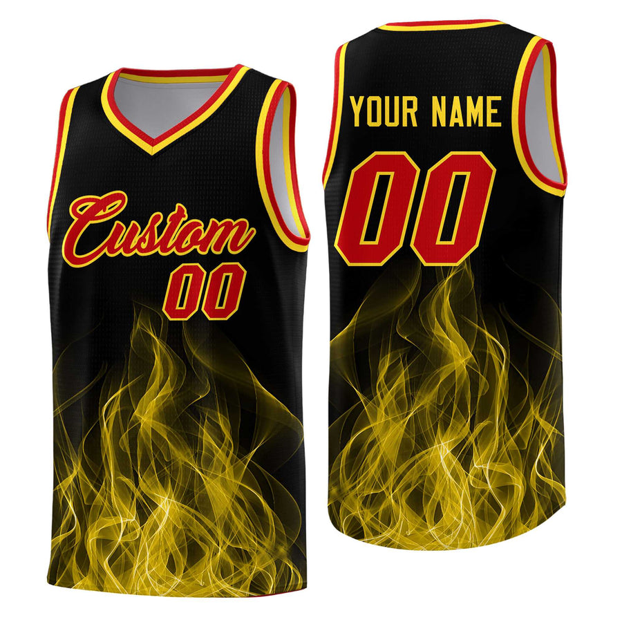 Custom Black Gold Flame Graffiti Pattern Quick-Drying Personalized Uniform Basketball Jersey | BuyFootballJersey