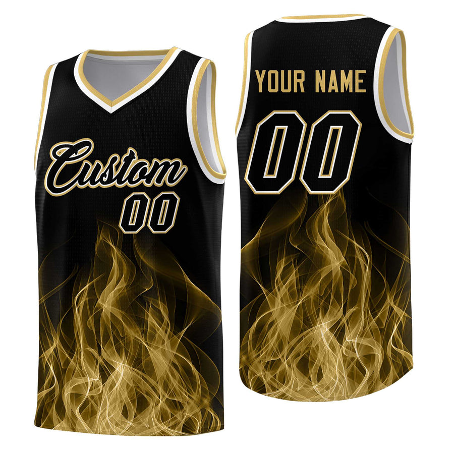 Custom Black Old Gold Flame Graffiti Pattern Wrinkle-Resistant Personalized Uniform Basketball Jersey | BuyFootballJersey