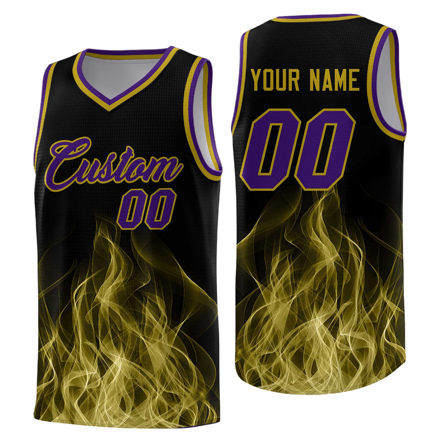 Custom Black Purple Flame Graffiti Pattern Drapable Personalized Uniform Basketball Jersey | BuyFootballJersey