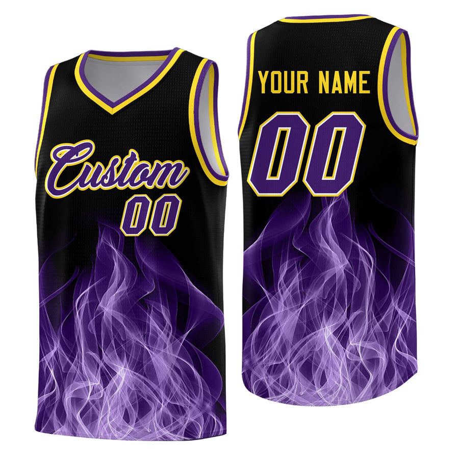 Custom Black Gold Flame Graffiti Pattern Sublimation Printing Personalized Uniform Basketball Jersey | BuyFootballJersey