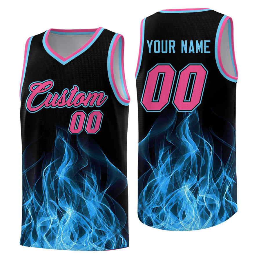 Custom Black Pink Flame Graffiti Pattern Sublimation Printing Personalized Uniform Basketball Jersey | BuyFootballJersey