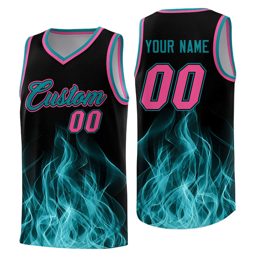 Custom Black Teal Flame Graffiti Pattern Breathable Personalized Uniform Basketball Jersey | BuyFootballJersey
