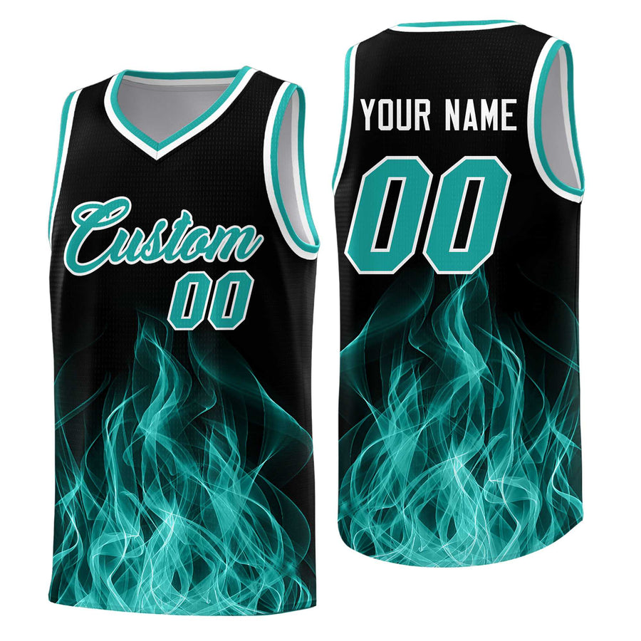 Custom Black Aqua Flame Graffiti Pattern Quick-Drying Personalized Uniform Basketball Jersey | BuyFootballJersey