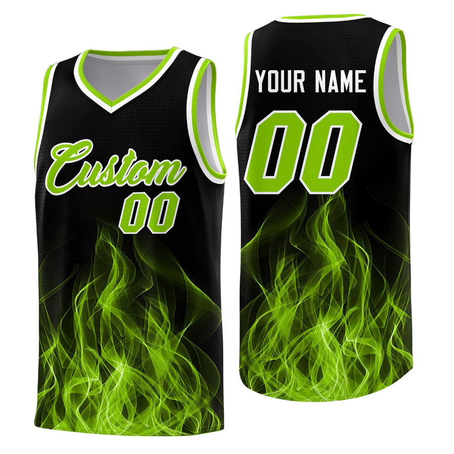 Custom Black Neon Green Flame Graffiti Pattern Lightweight Personalized Uniform Basketball Jersey | BuyFootballJersey