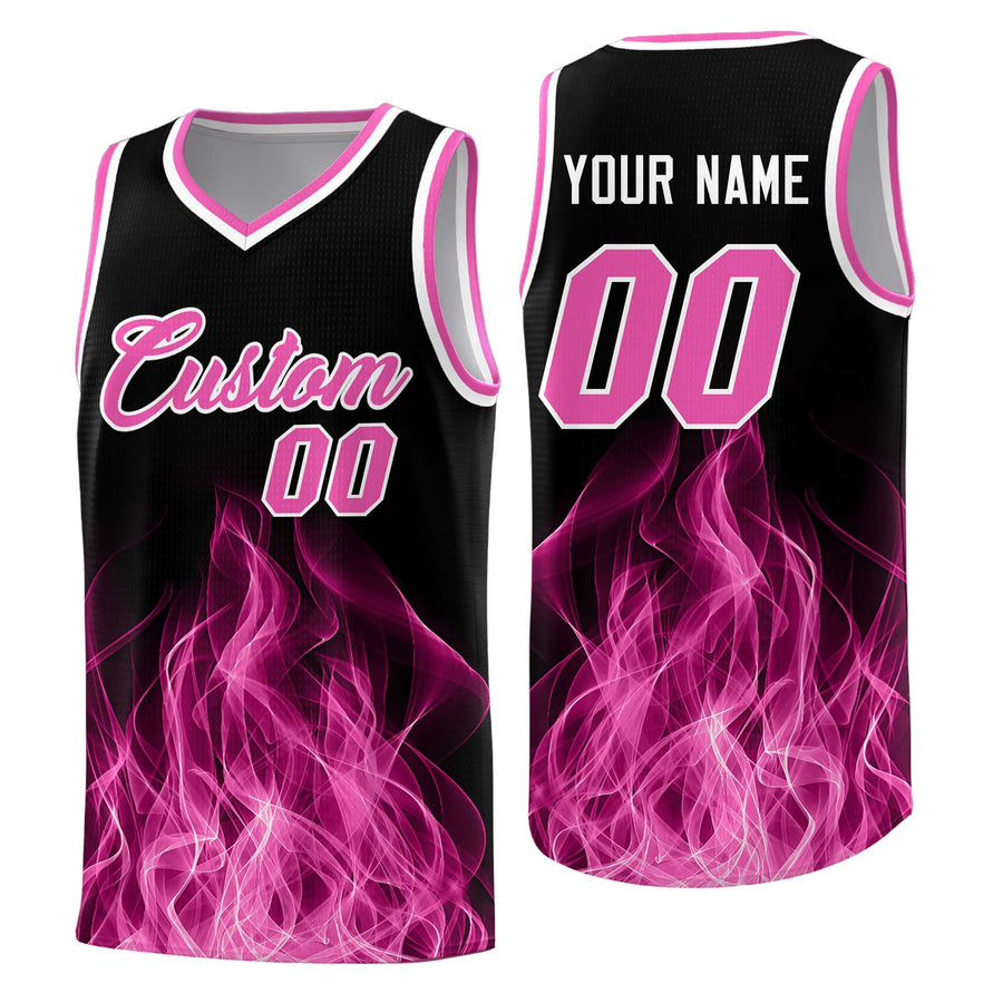 Custom Black Pink Flame Graffiti Pattern Wrinkle-Resistant Personalized Uniform Basketball Jersey | BuyFootballJersey