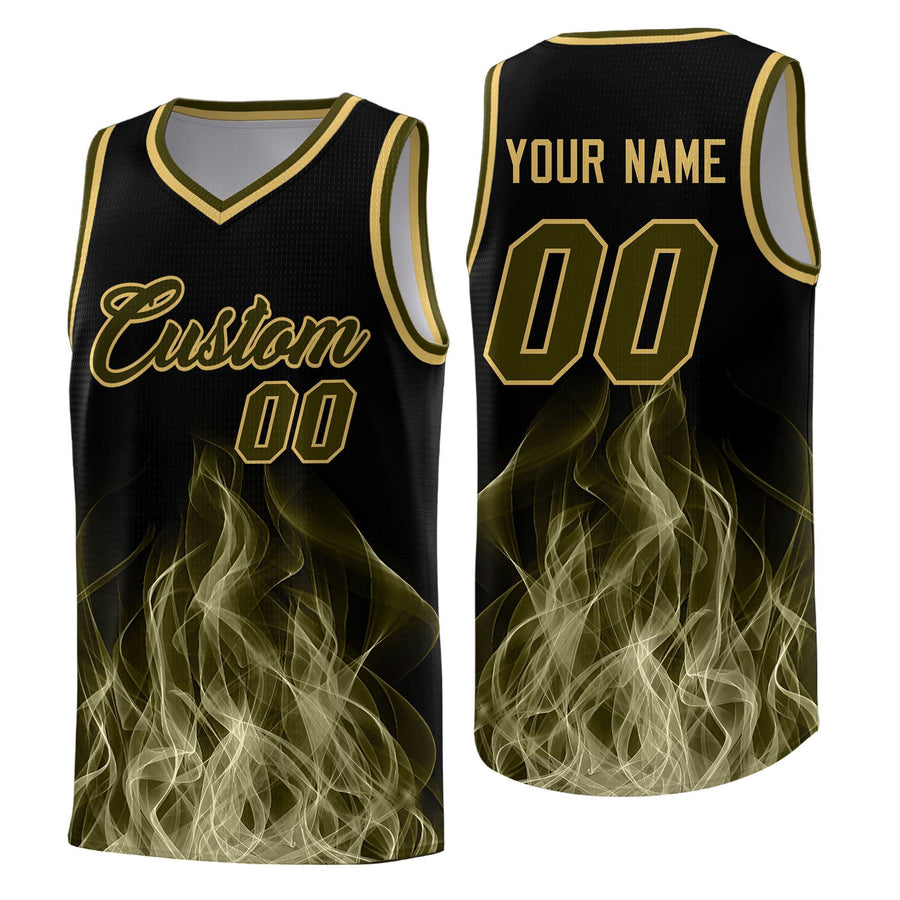 Custom Black Khaki Flame Graffiti Pattern Sublimation Printing Personalized Uniform Basketball Jersey | BuyFootballJersey